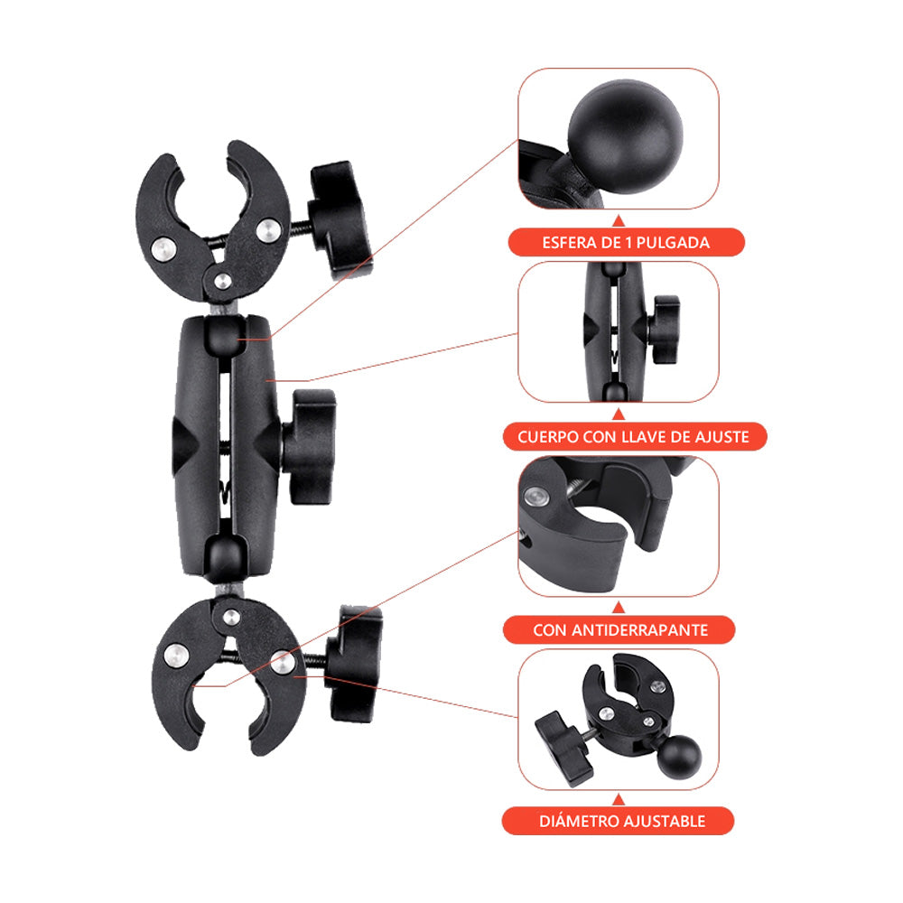 Base Tubular tipo RAM Grande con Doble Pinza Bicicleta Motocicleta Compatible GoPro Insta360