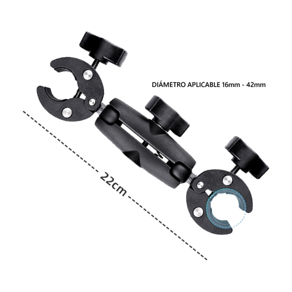 Base Tubular tipo RAM Grande con Doble Pinza Bicicleta Motocicleta Compatible GoPro Insta360