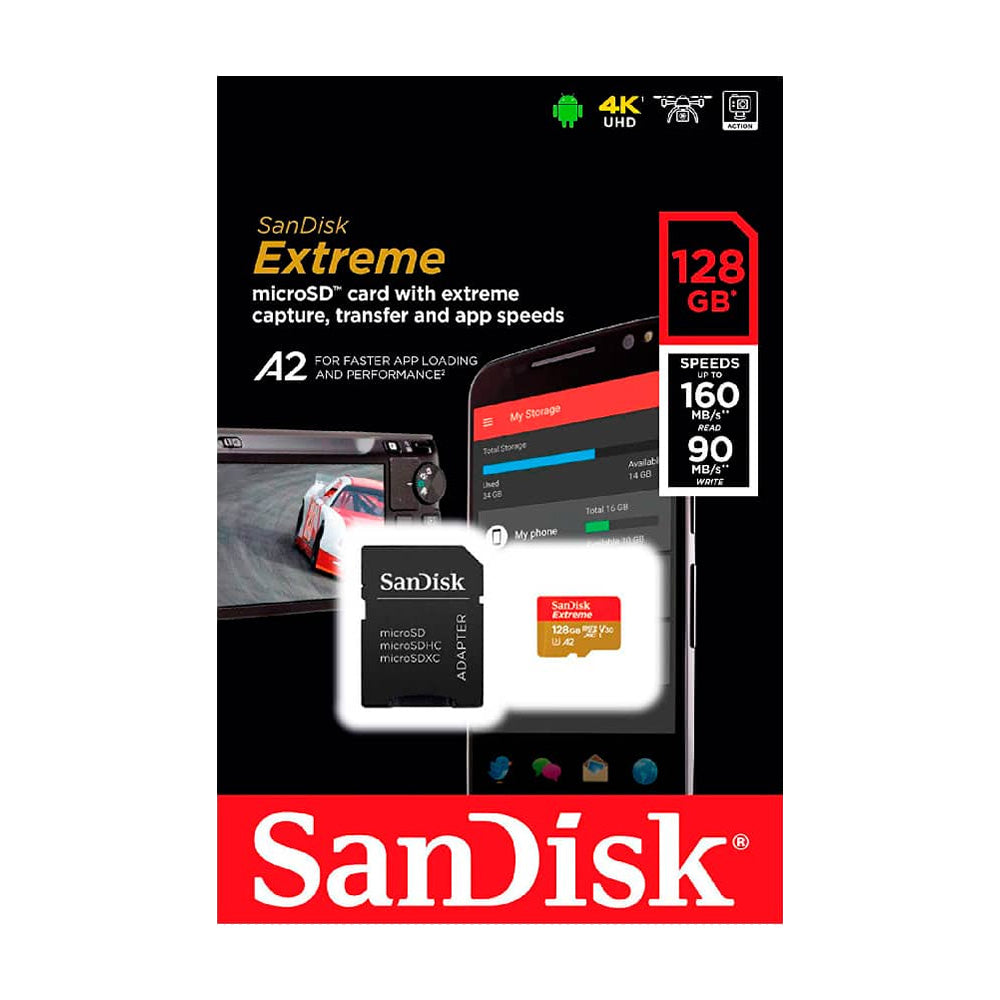 Tarjeta Memoria Sandisk Extreme 128GB Compatible GoPro Cámaras Deportivas Clase 10 A2 V30 U3 160mb/s
