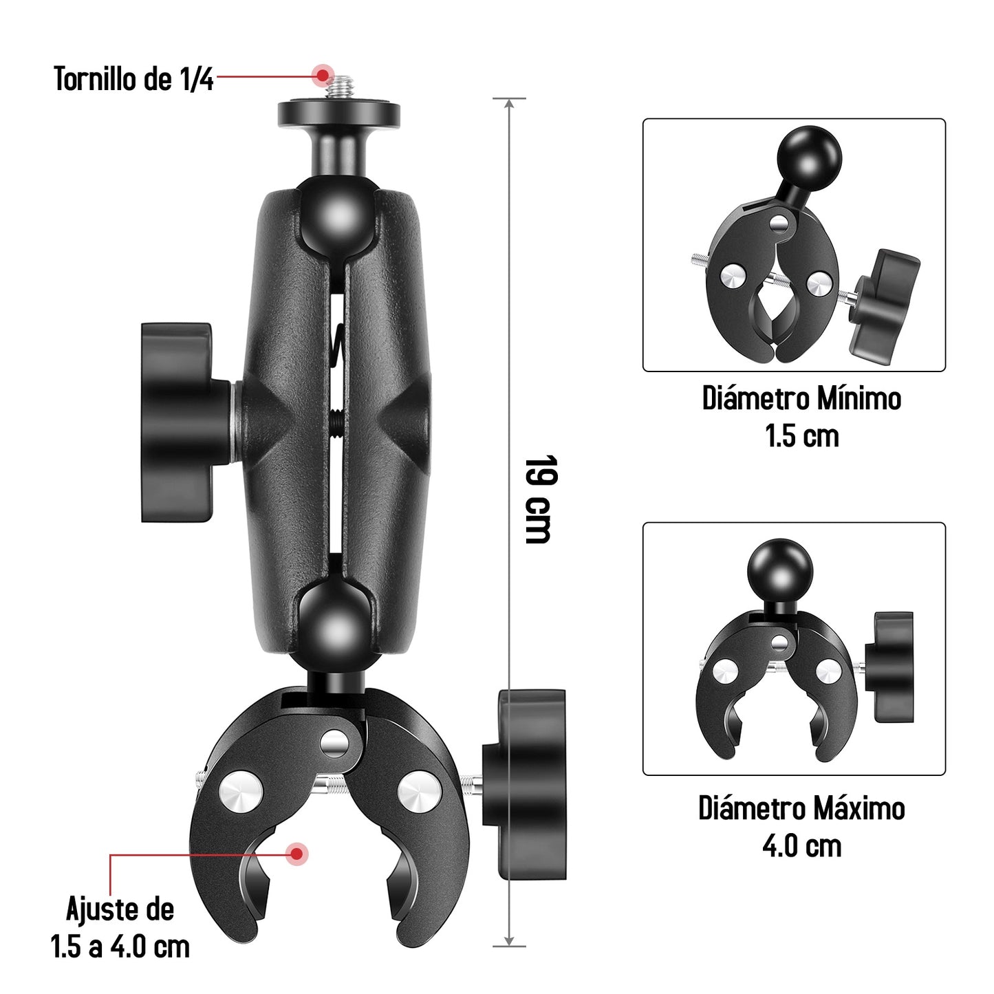 Base Tubular tipo RAM Grande con Pinza Bicicleta Motocicleta Compatible GoPro Cámaras Deportivas